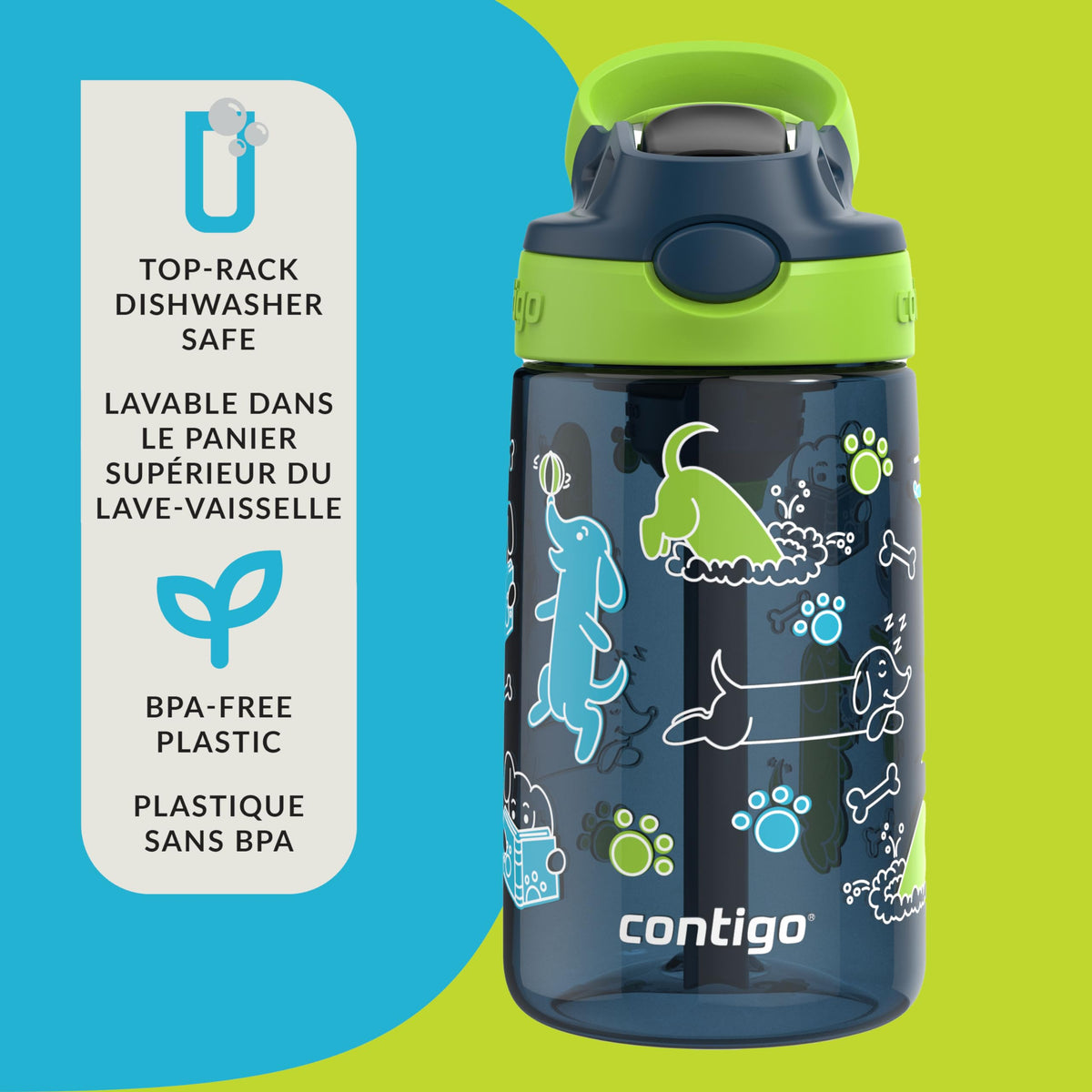 Contigo Kids Aubrey Straw Water Bottle, 14 oz, Lime with Dogs
