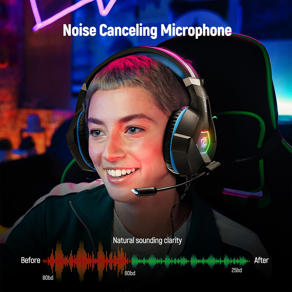 Ozeino Gaming Headset with Mic and RGB Lights, Blue