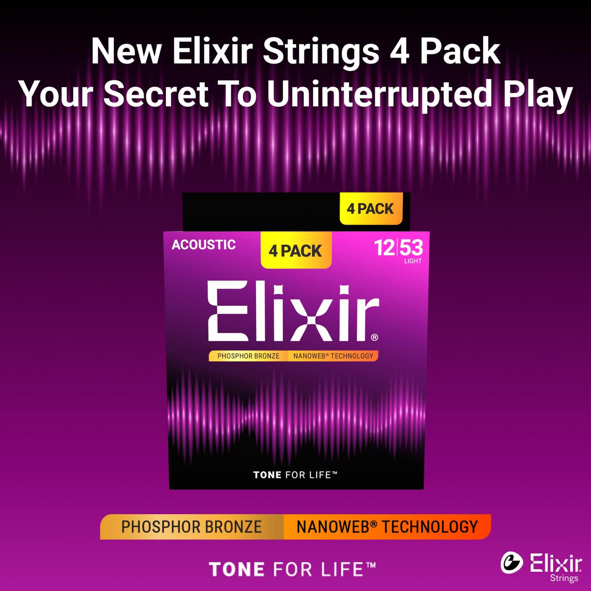 Elixir Acoustic Guitar Strings, Phosphor Bronze, Light 12-53, 4 Pack