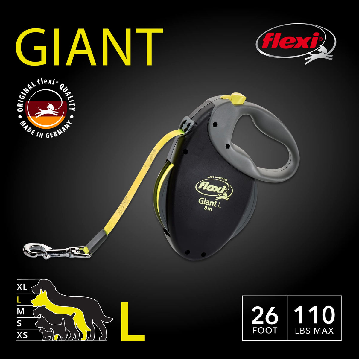 FLEXI Giant Tape Retractable Dog Leash, Large, 26 ft, Black