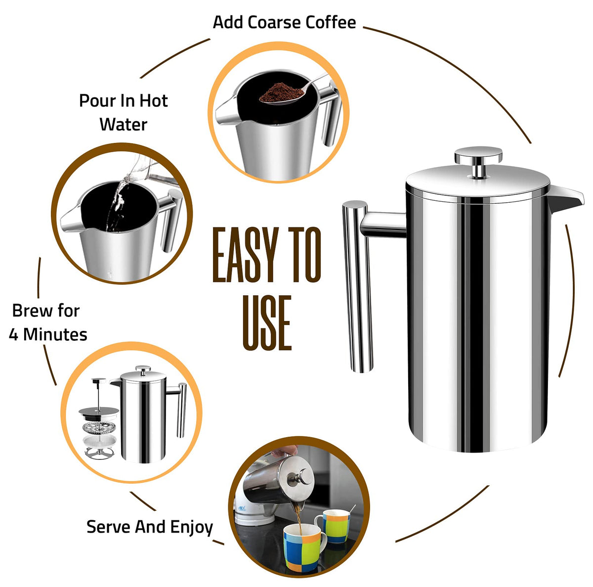 KICHLY Double Walled Stainless Steel French Press, 34 oz, Silver