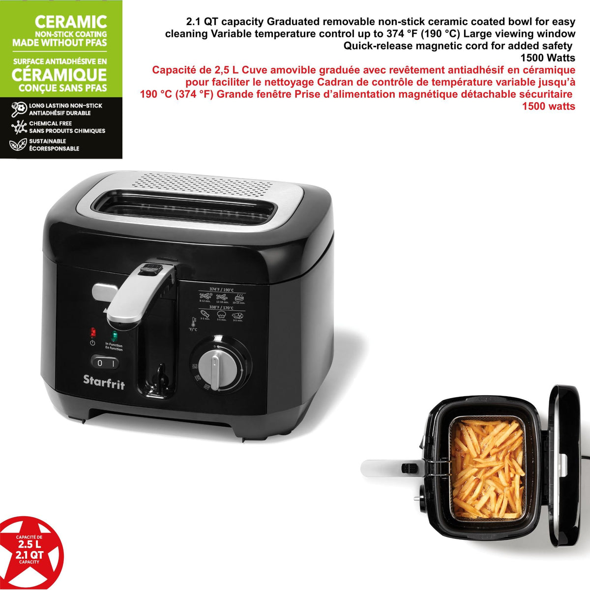 Starfrit Deep Fryer, 2.5L Capacity, Ceramic Bowl, Black