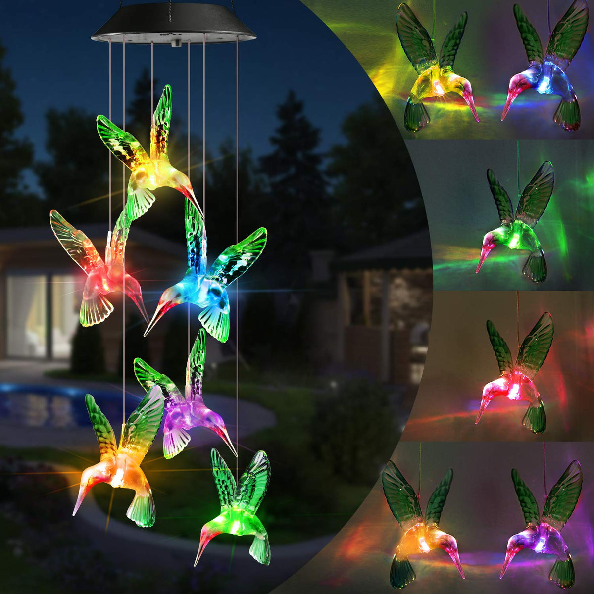 Toodour Colour Changing Solar Hummingbird Wind Chimes