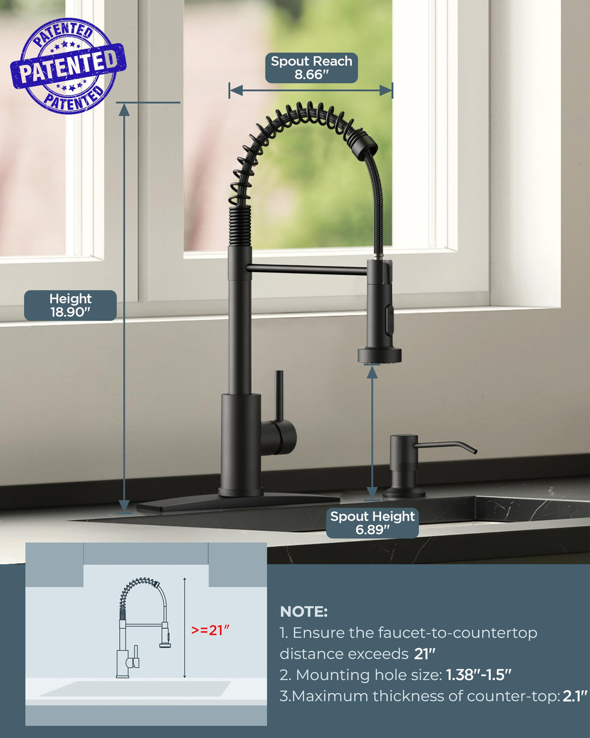 FORIOUS Black Kitchen Faucet with Pull Down Sprayer, Matte Black