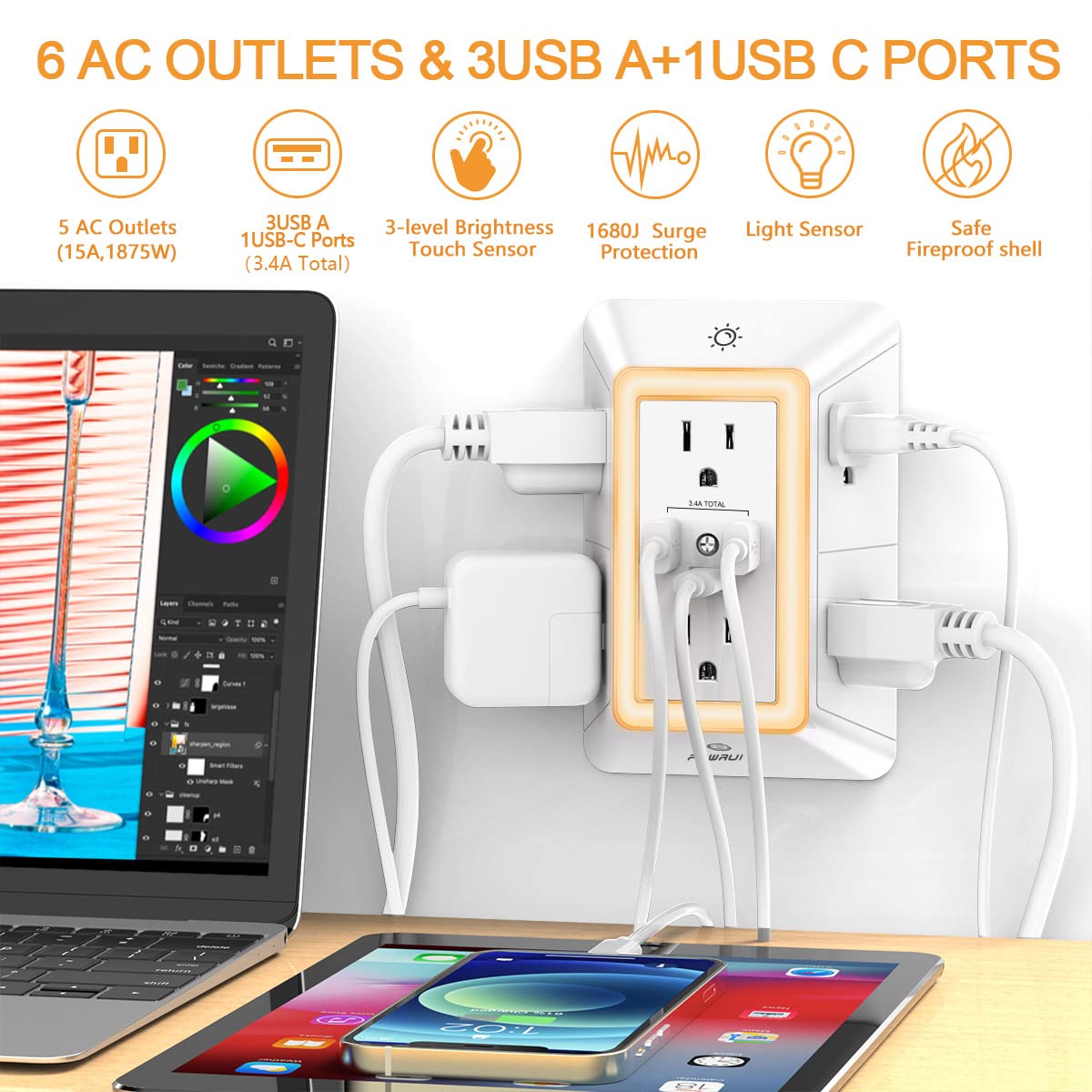 Powrui 3-Sided Power Bar, 6-Outlet, 3 USB Ports, Night Light, White