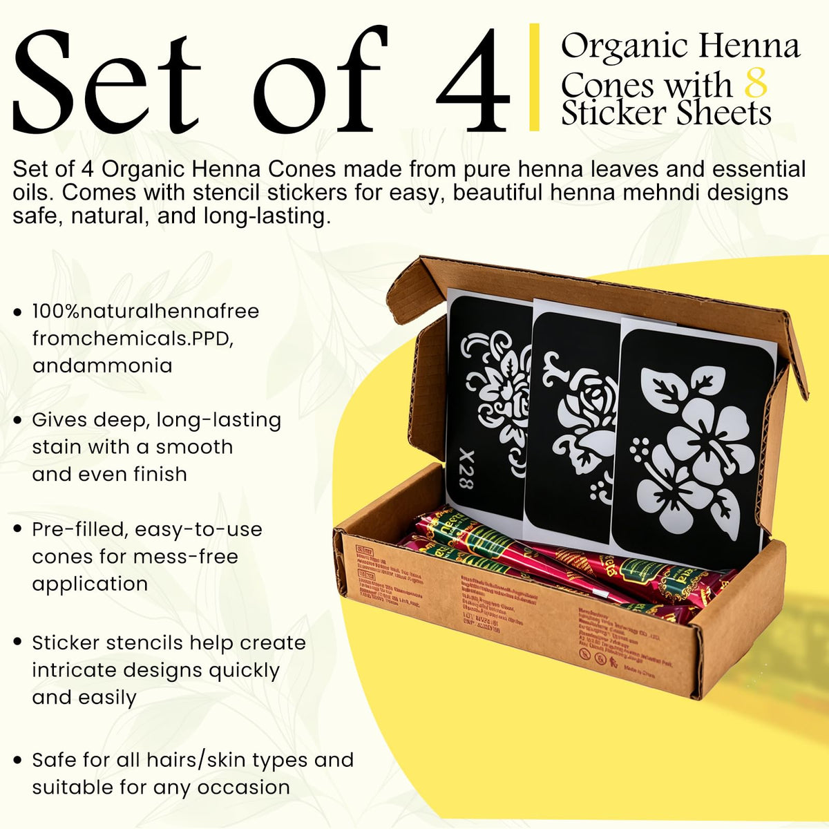 Natural Henna Paste Cones with 8 Stencils, Reddish Brown (4 Pack)
