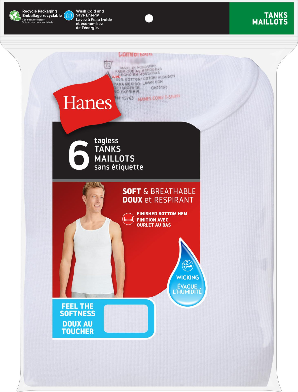Hanes Men's ComfortSoft Tagless A-Shirts, White, 6 Pack, 3X-Large
