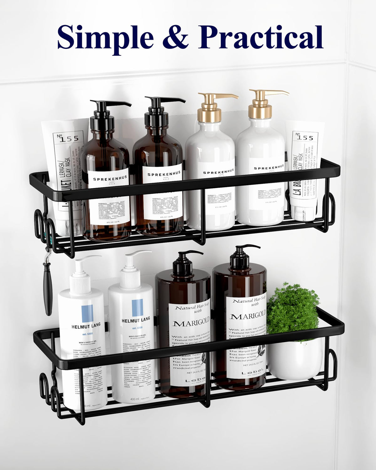 Kitsure 2-Pack Rustproof Stainless Steel Shower Caddy, Black, Large