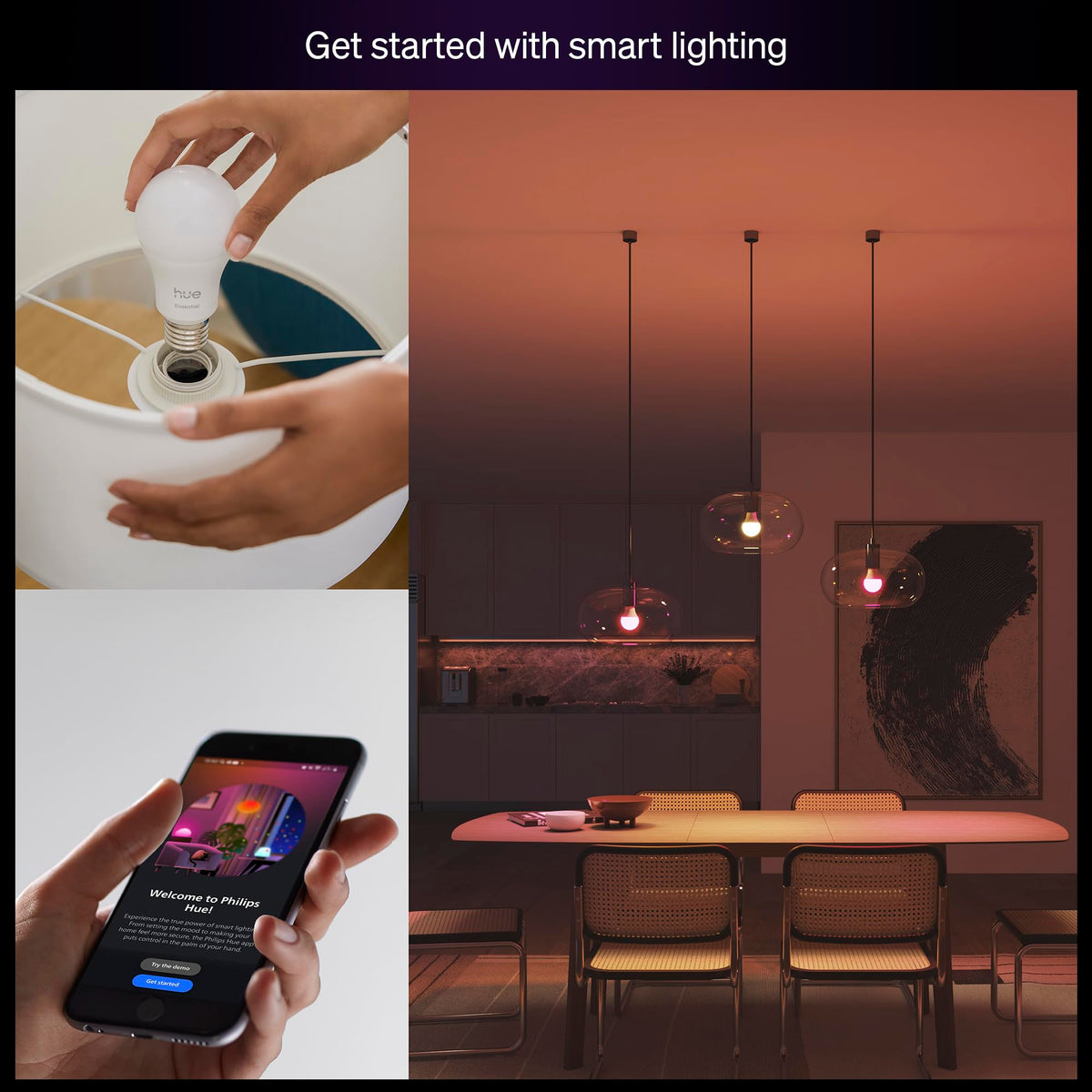 Philips Hue Essential Smart LED A19 Bulb, E26, 8.8W, 3 Pack