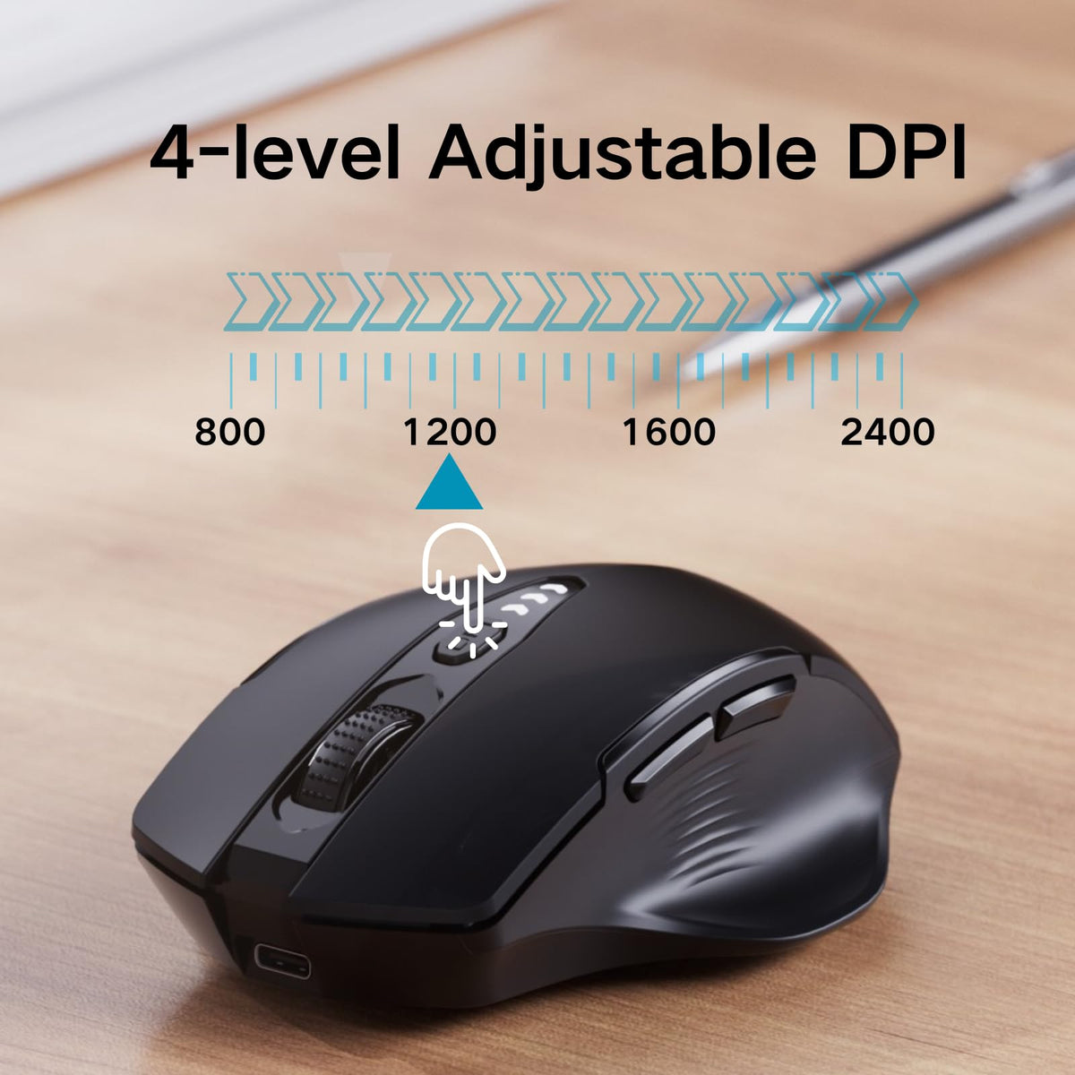 Rechargeable Bluetooth Wireless Mouse, Tri-Mode, Adjustable DPI, Black
