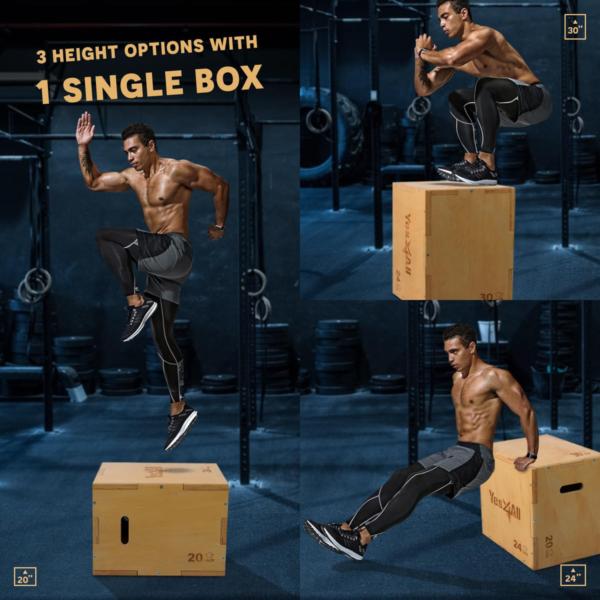 Yes4All 3-in-1 Wooden Plyo Box, Basic Wood, 16 x 14 x 12 in