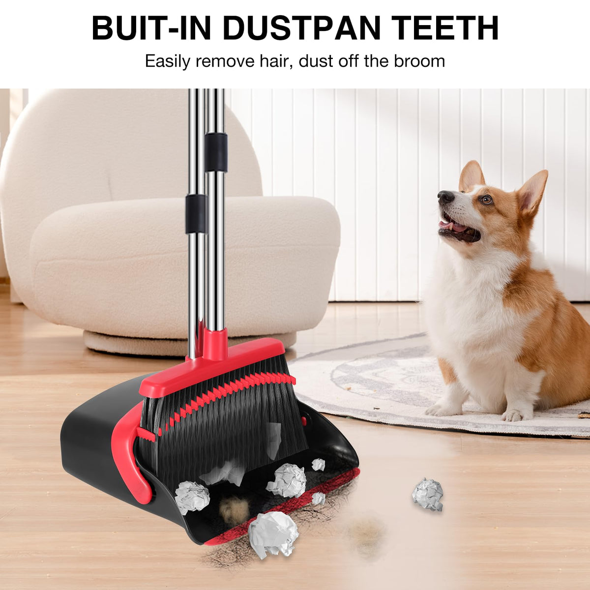 Broom and Dustpan Set, 52 Inch Handle, Black and Red