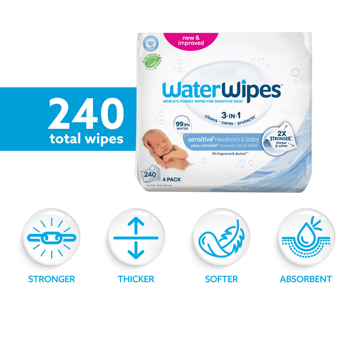WaterWipes Plastic-Free Original Baby Wipes, 240 Count (4 Packs)