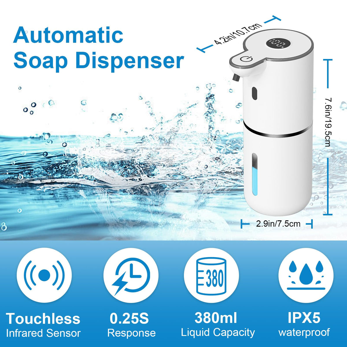 Touchless Automatic Liquid Soap Dispenser, USB Rechargeable, 380 mL