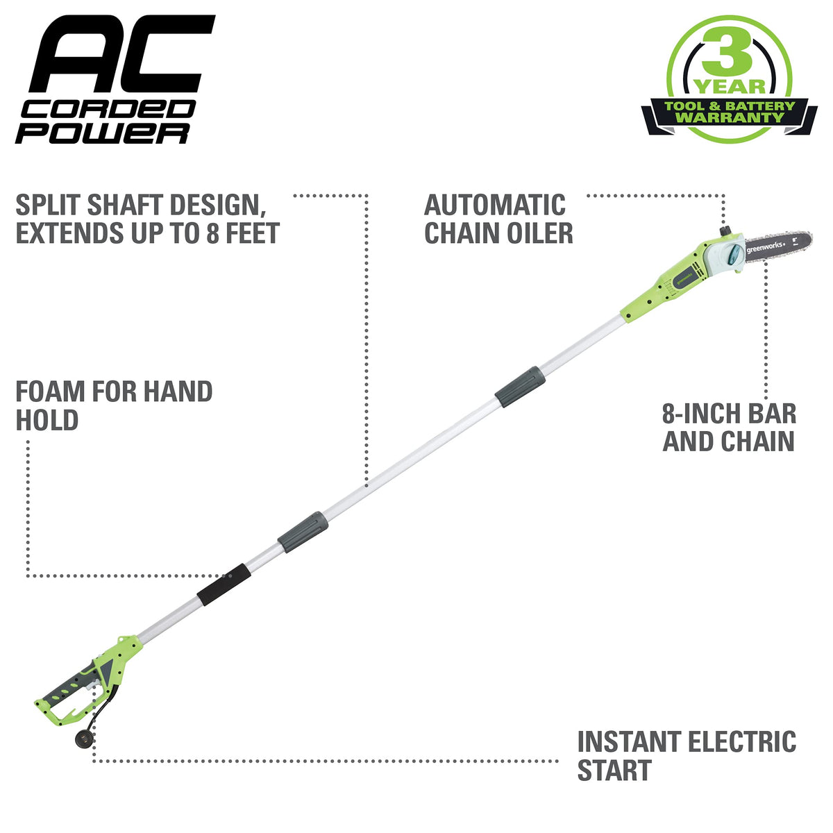 Greenworks 20192 8.5-Inch 6.5 Amp Electric Corded Pole Saw