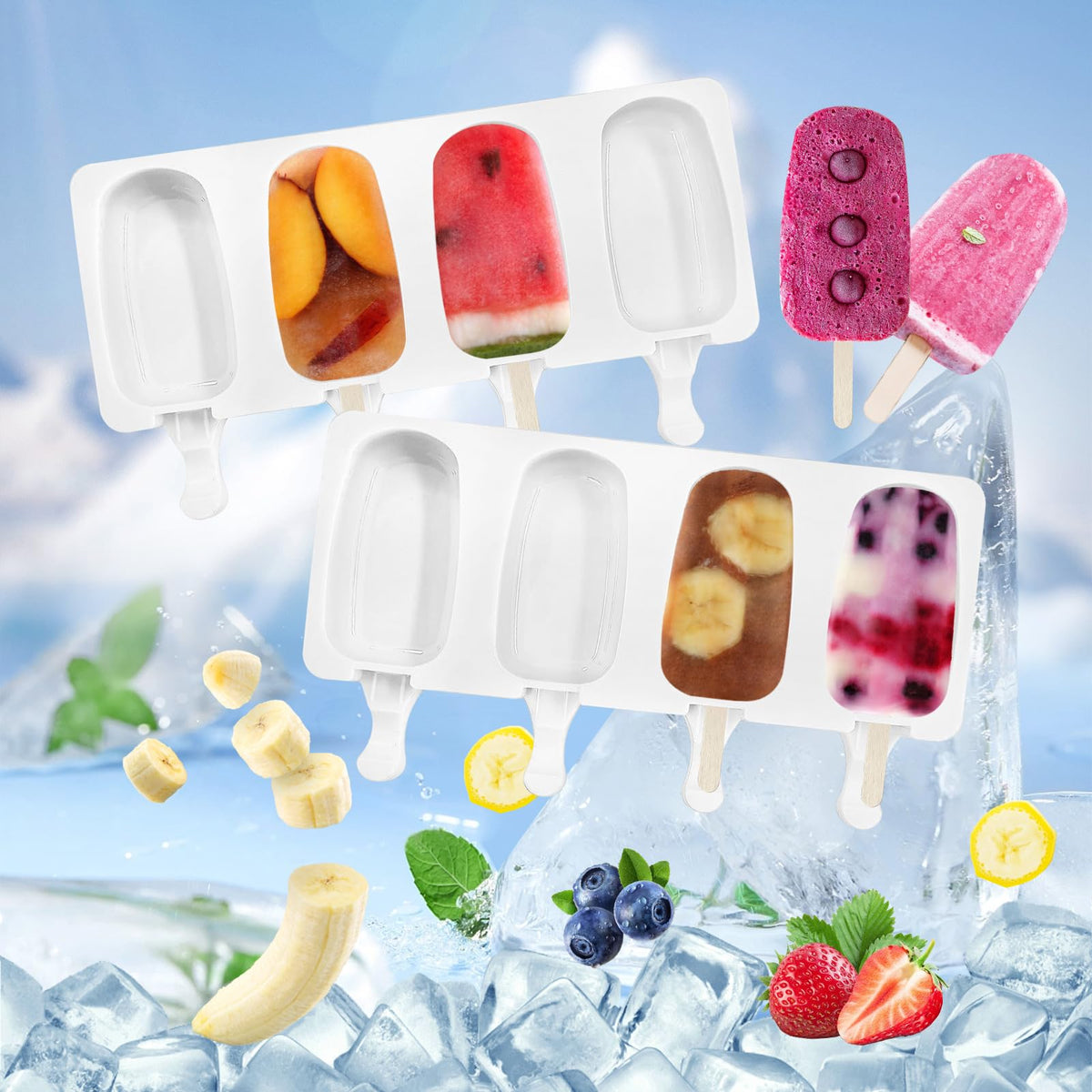 Silicone Popsicle Molds with Lids, Sticks & Bags (2 Pack)
