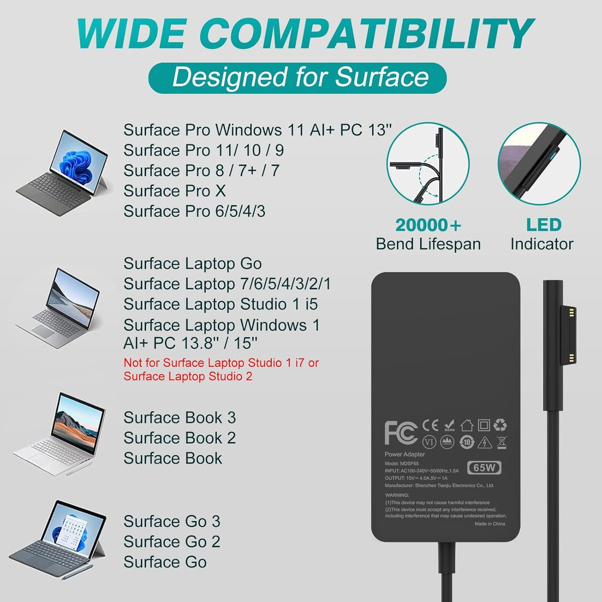 IFEART 65W Laptop Charger for Microsoft Surface, 10FT