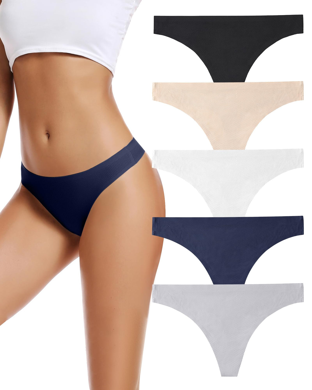 VOENXE Seamless No-Show Breathable Thongs, 5-Pack, Basics
