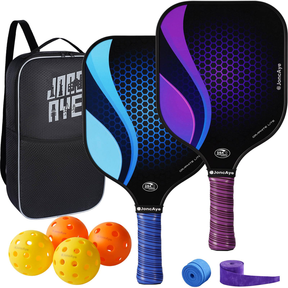 JoncAye Graphite Pickleball Paddle Set of 2 with Balls & Bag