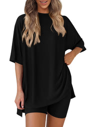 PRETTYGARDEN Two-Piece Tee and Biker Shorts Set, Black, Large