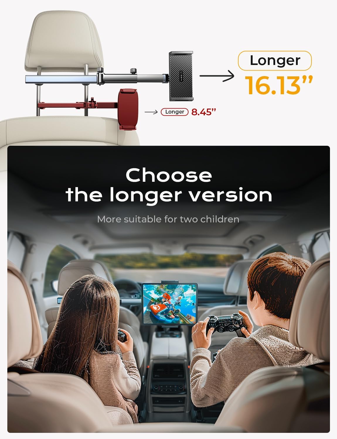 LISEN 3 in 1 Car Headrest Tablet Holder, 4.7-11 in, Black