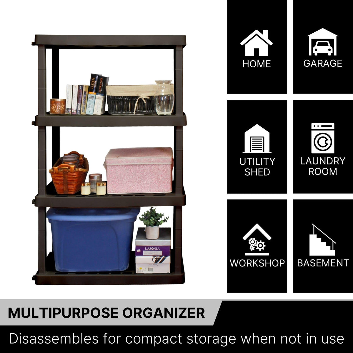 Koolatron Oscar Heavy Duty Plastic Storage Shelves, 4-Tier, Black