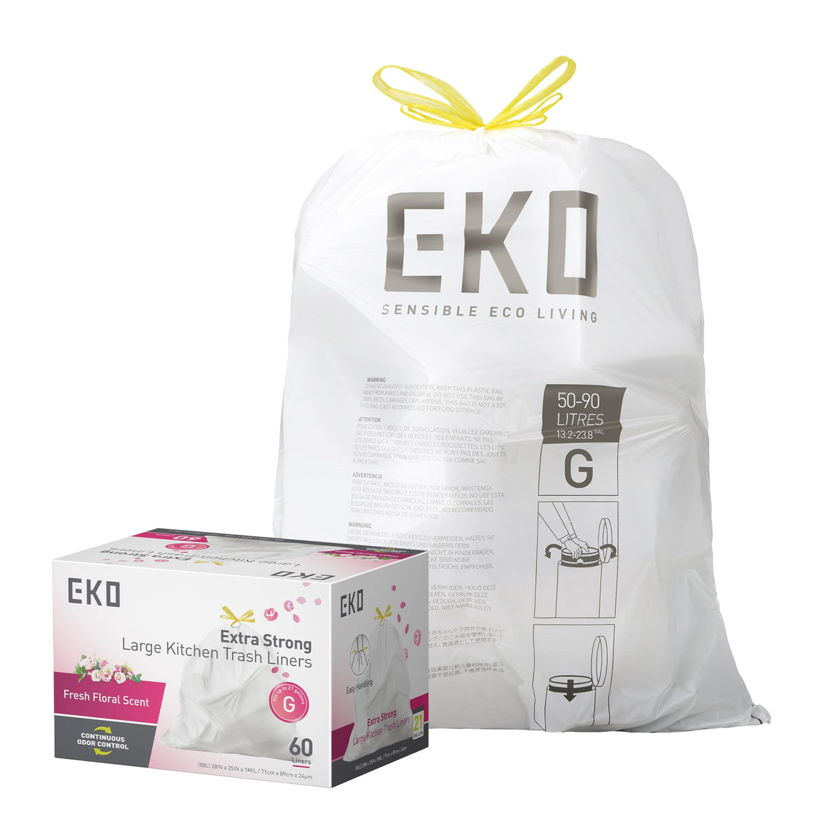 EKO Extra Strong Drawstring Trash Bags, 21 Gallon, 60 Count, Code G