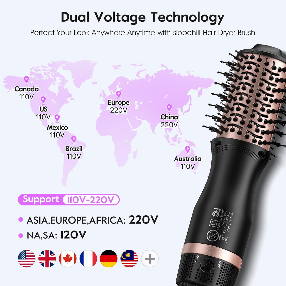 Slopehill Mini Dual Voltage Hair Dryer Brush, 1000 Watts, Oval Barrel