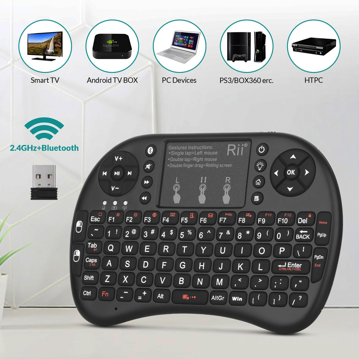 Rii i8+ Mini Wireless Bluetooth Keyboard with Touchpad, LED Backlit