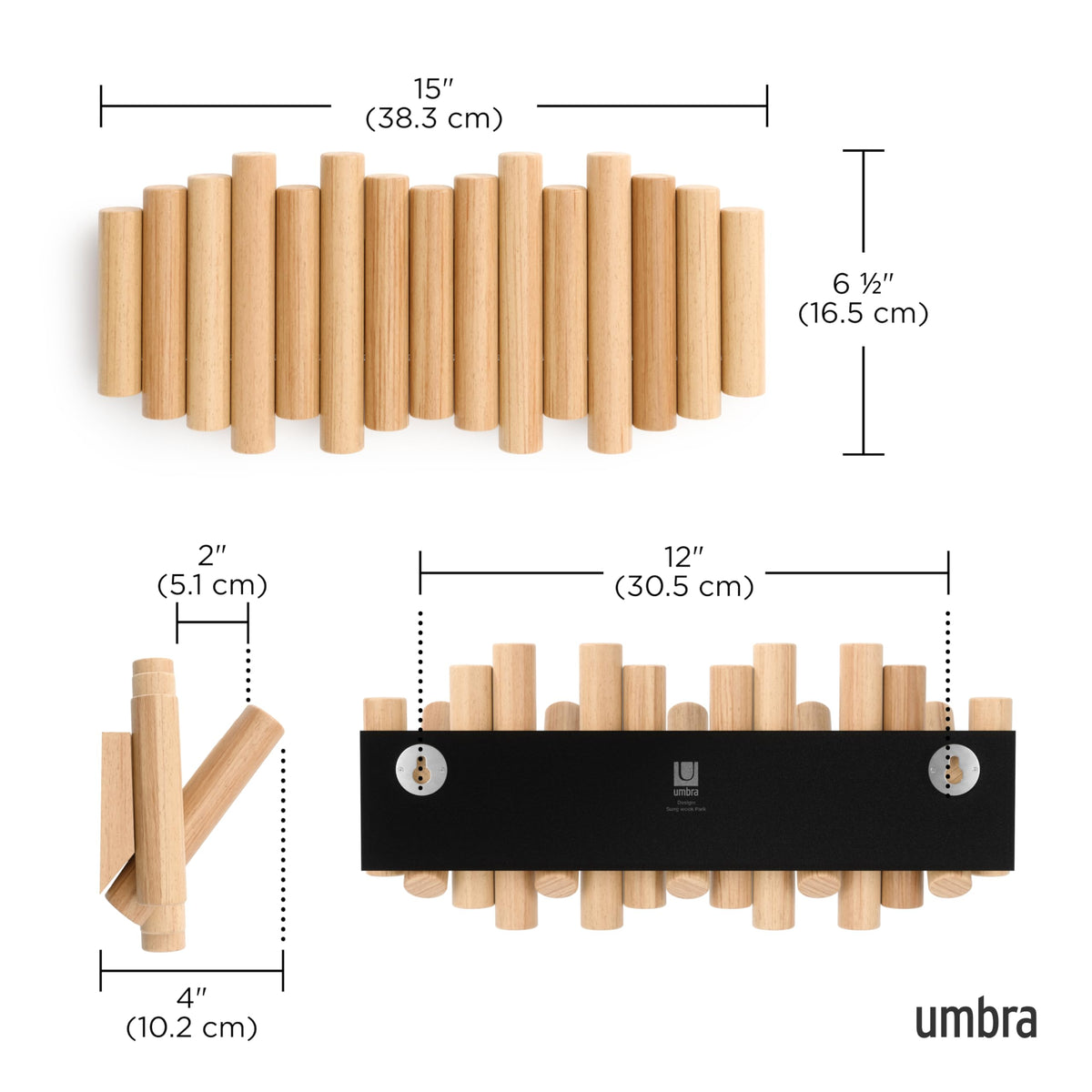 Umbra Picket Coat Rack, 5 Flip-Down Wood Hooks, Natural