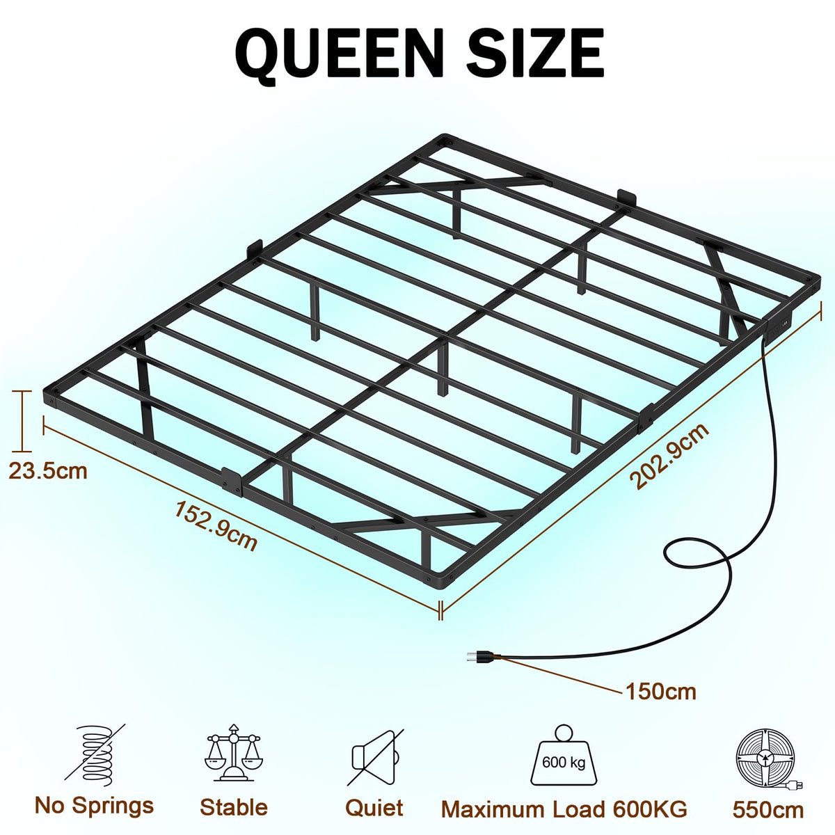 Loakekel Queen Bed Frame with USB Charging and LED Lights, HBF150BK