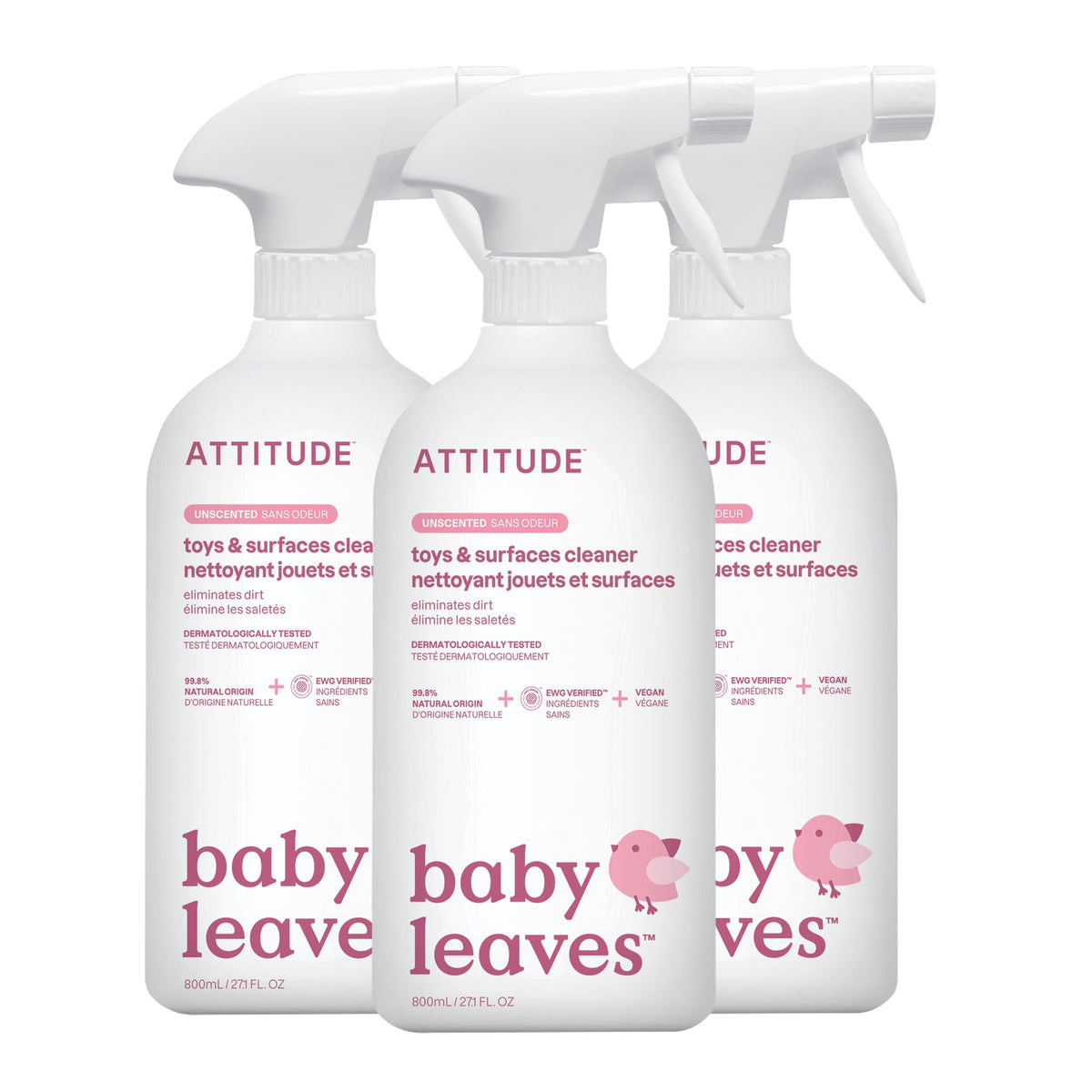 Attitude Baby and Kids Toy Cleaner Spray, Unscented, 800 mL, Pack of 3