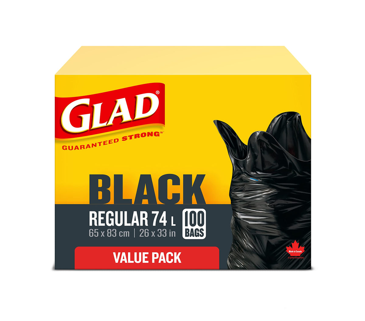 Glad Black Garbage Bags, Regular 74 L, 100 Count