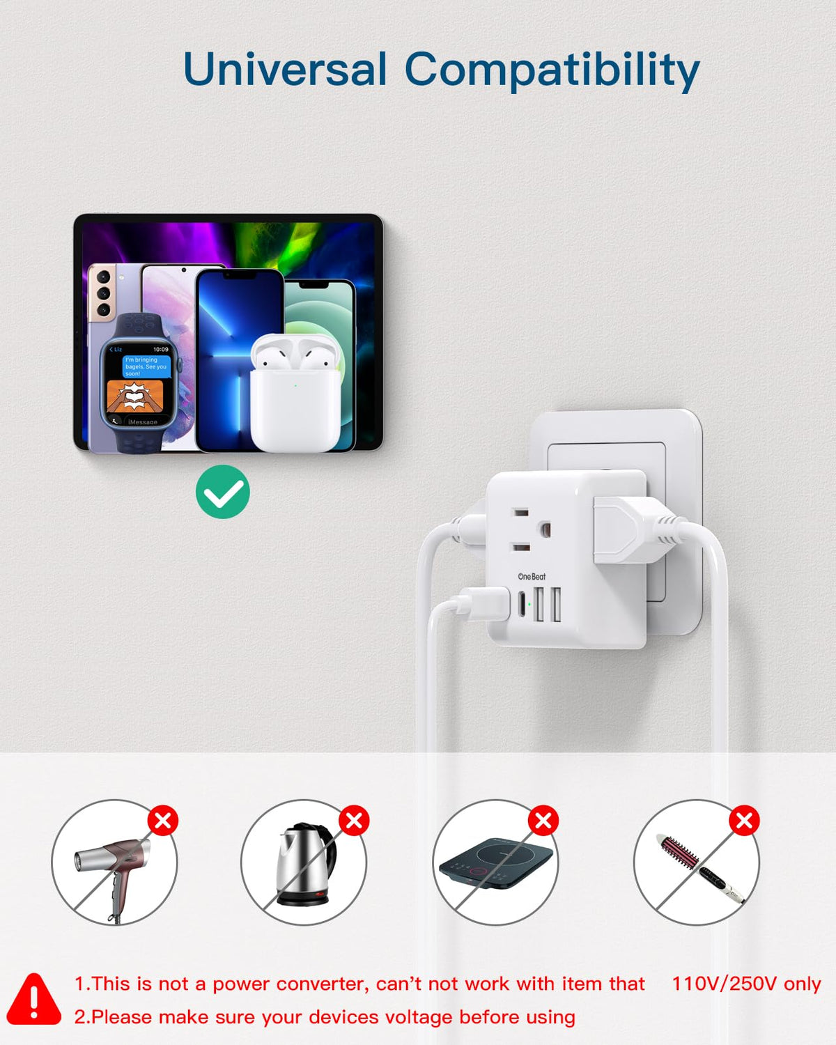 European Travel Plug Adapter, 3 Outlets, 4 USB Ports (2 USB C), 2 Pack