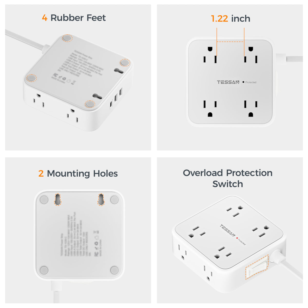 TESSAN 8-Outlet Flat Plug Surge Protector Power Bar, 5 ft, Grey
