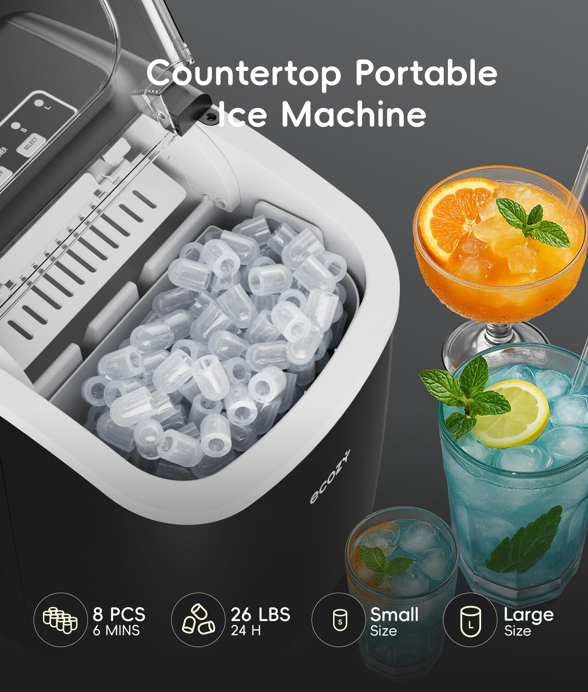 ecozy Portable Countertop Ice Maker, 26 lb/Day, Matte Black
