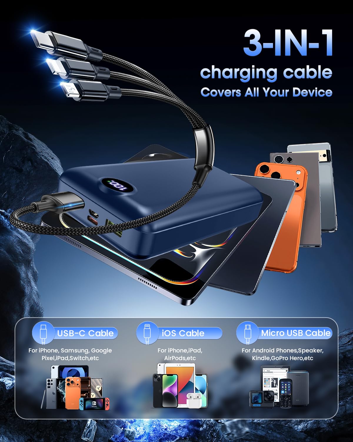 Power Bank, 50000mAh, 22.5W, 3 Outputs, 2 Inputs, LED Display