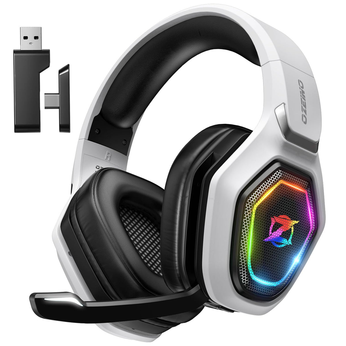 Ozeino Wireless Gaming Headset with Flip Mic, White