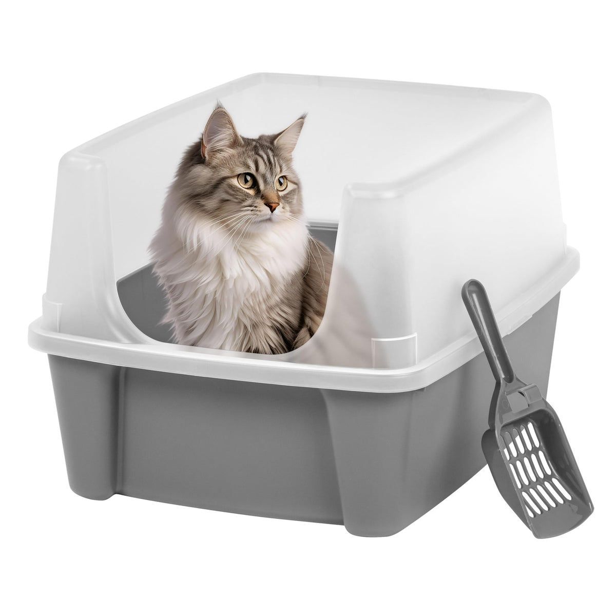 IRIS USA Large Cat Litter Box with Scatter Shield and Scoop, Gray