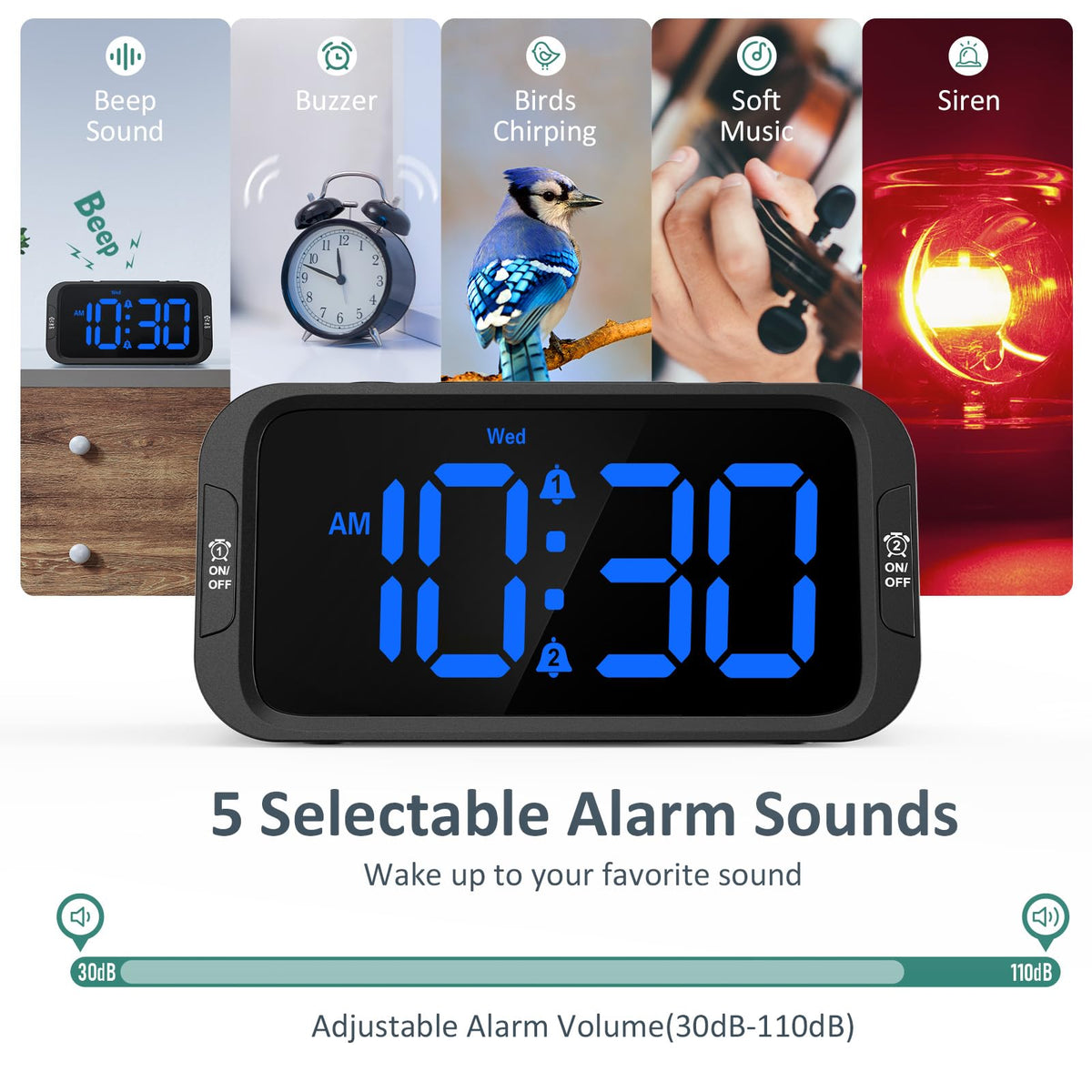 Odokee Digital Dual Alarm Clock with USB Charger, Blue