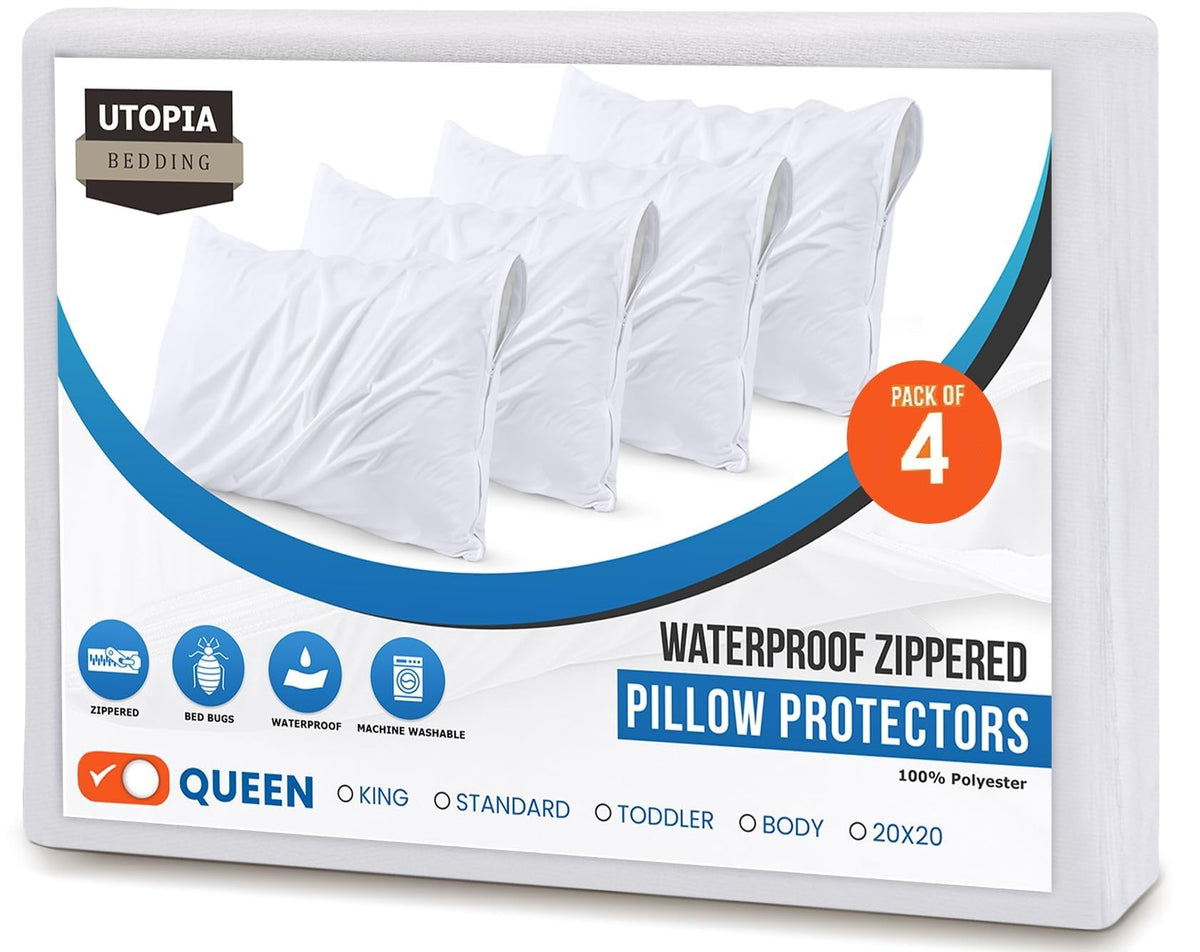 Utopia Bedding Waterproof Zippered Pillow Protectors, Queen (4 Pack)