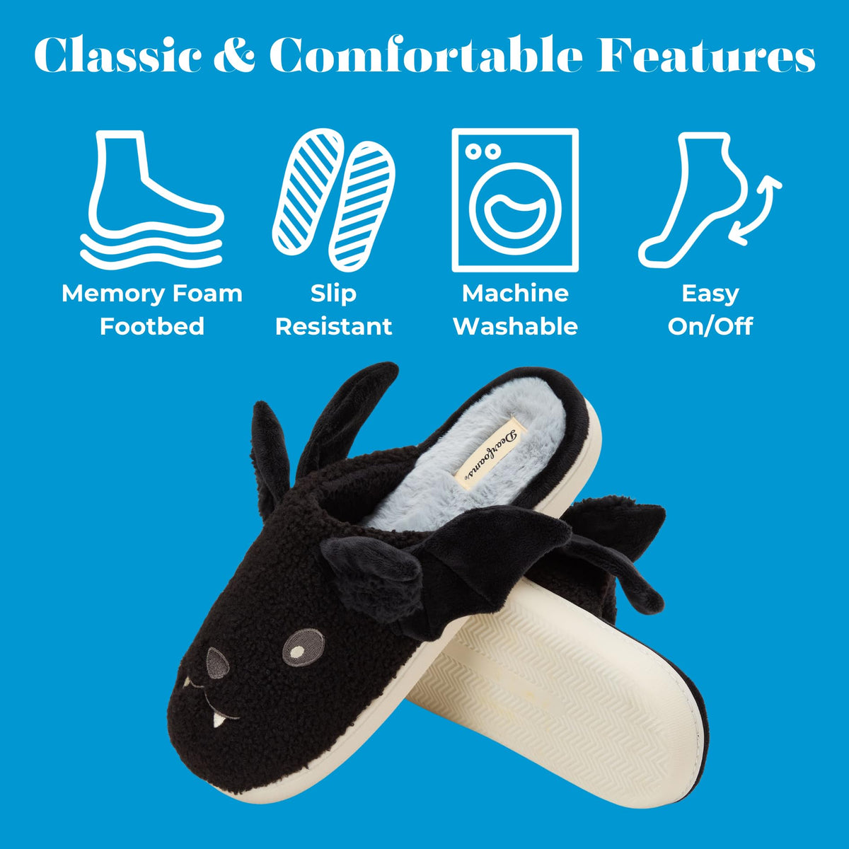 Dearfoams Spooky Slipper, Black Bat, 5-6 Women/3-4 Men