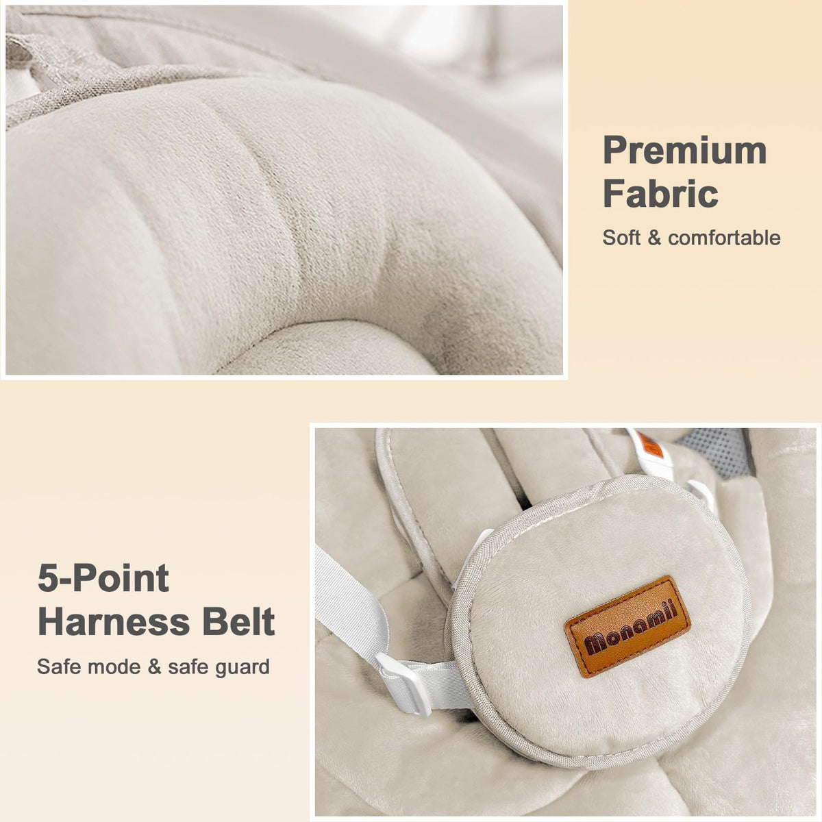 Monamii Bluetooth Baby Swing with Remote, Light Beige