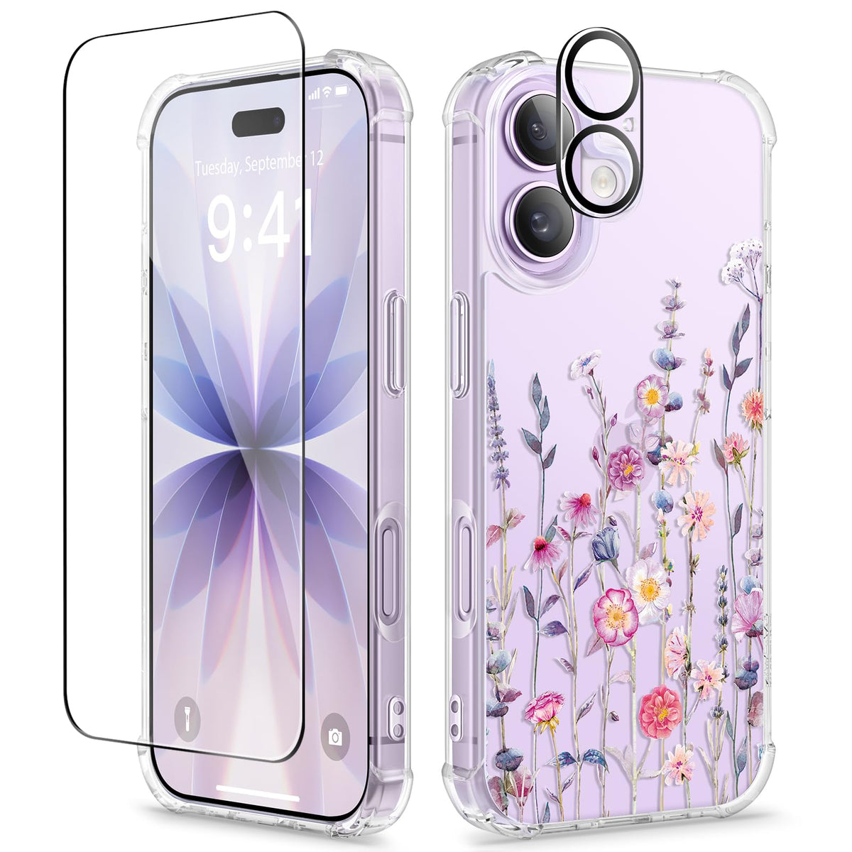 GVIEWIN Clear Floral Case for iPhone 17, 6.3 in, with Screen Protector