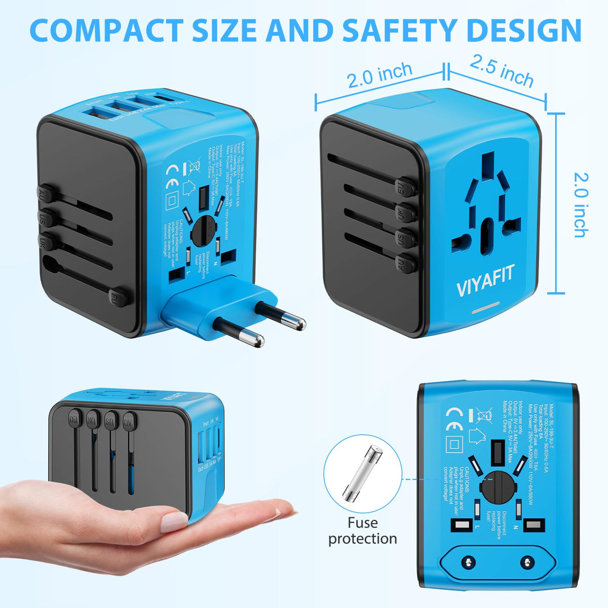 International Travel Power Adapter, Blue