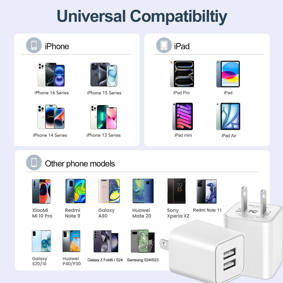 Dual Port USB Wall Charger Block, 2.1A, 2 Pack
