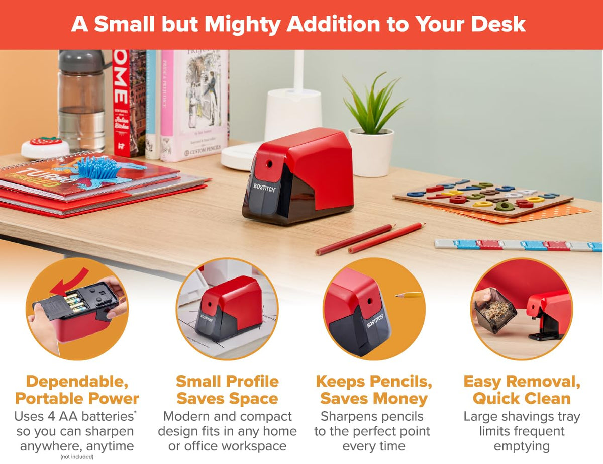 Bostitch Battery Pencil Sharpener, Red