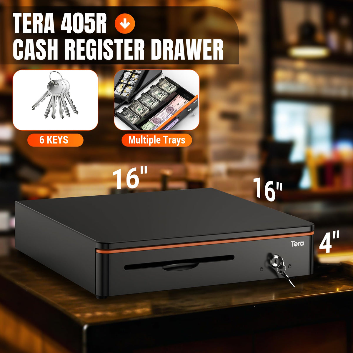Tera 16" Auto Open Cash Register Drawer, 5 Bill 8 Coin (405R)