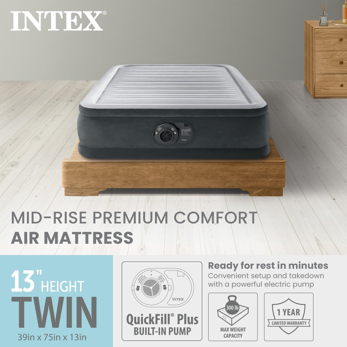 Intex Dura-Beam Deluxe Comfort Plush Air Mattress, Twin, 67765ED, Gray