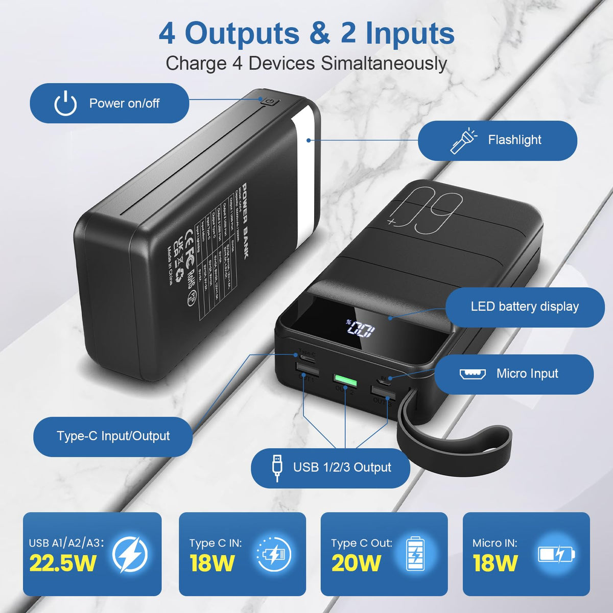 Power Bank 60000mAh, 22.5W Fast Charging